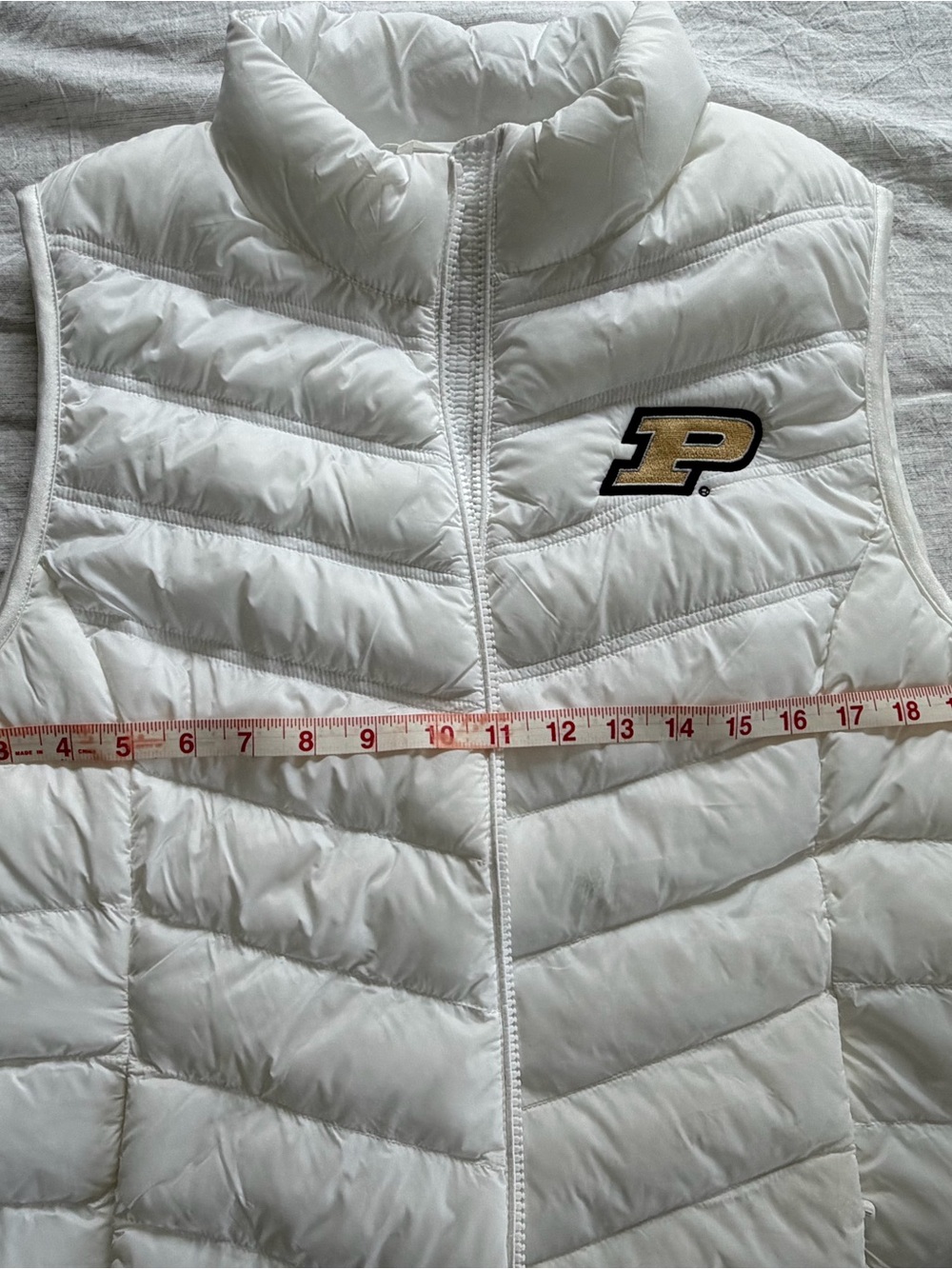 32 Degrees White Puffer Vest with Gold & Black Purdue 'P' Patch